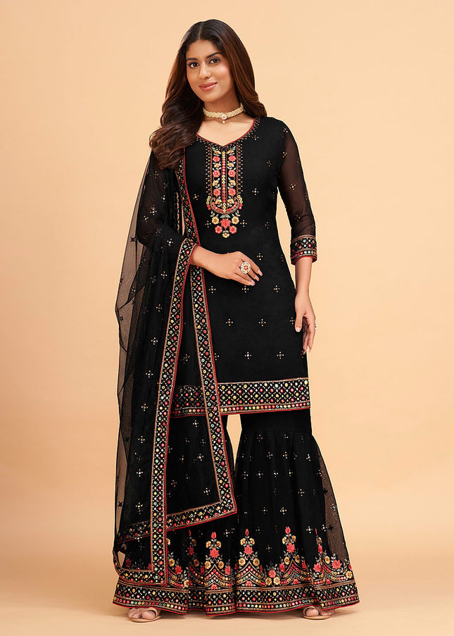 Black Floral Embroidered Gharara Suit