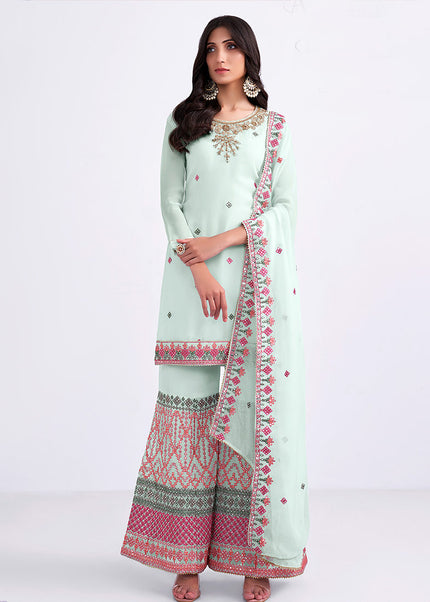 Light Blue and Pink Embroidered Gharara Suit