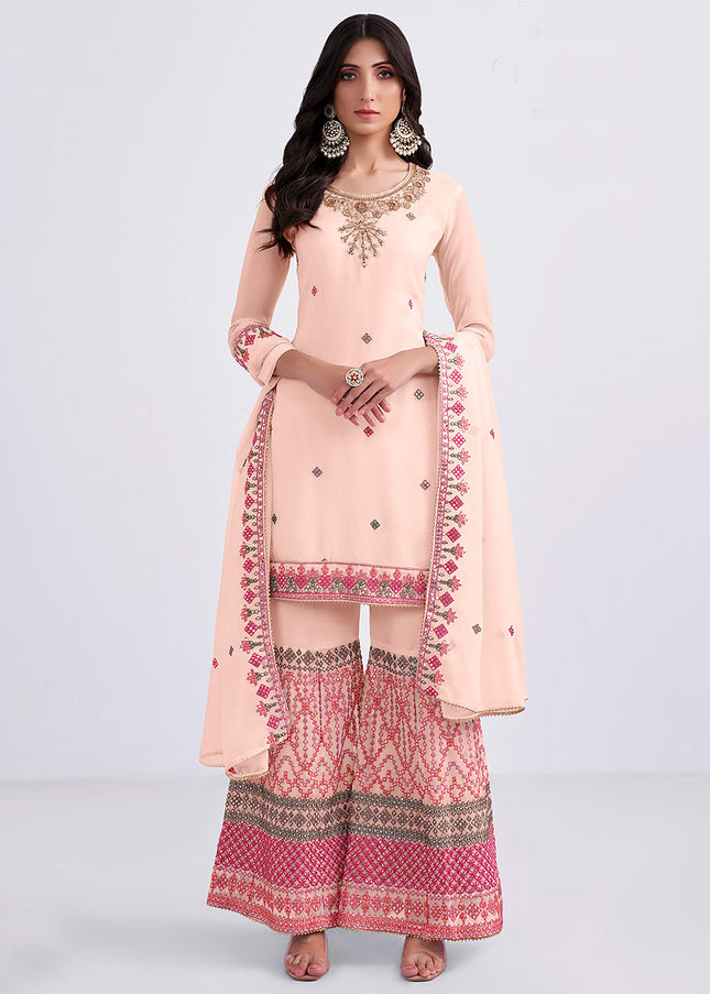 Peach and Pink Embroidered Gharara Suit