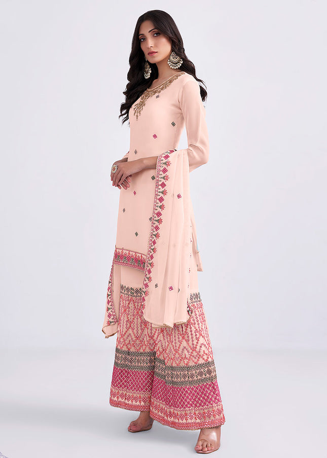 Peach and Pink Embroidered Gharara Suit