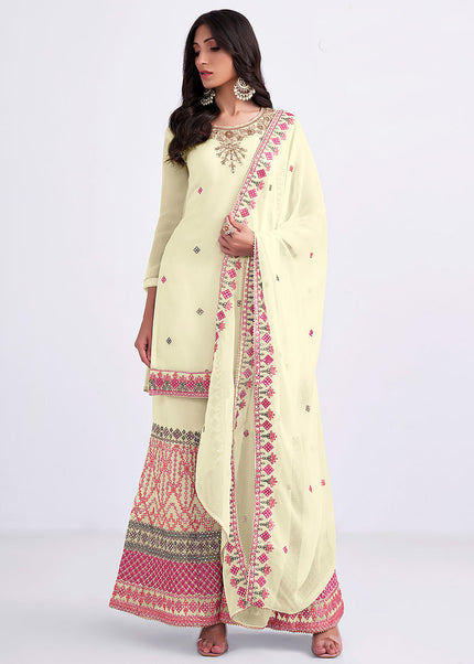 Light Yellow and Pink Embroidered Gharara Suit