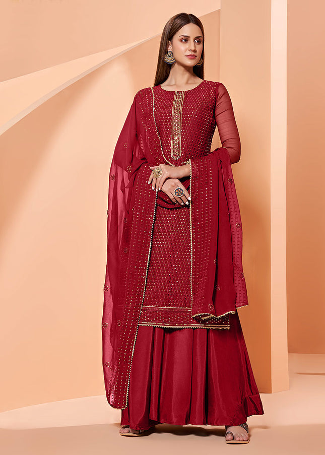 Red and Gold Embroidered Palazzo Suit