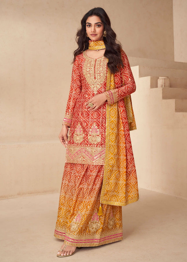 Red and Mustard Yellow Printed and Embroidered Sharara Suit
