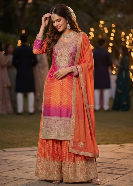 Orange and Pink Embroidered Sharara Suit