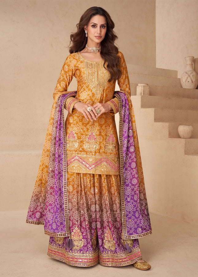 Mustard Yellow and Purple Printed and Embroidered Sharara Suit