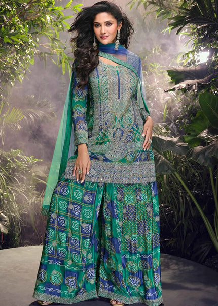 Green and Blue Embroidered Sharara Suit