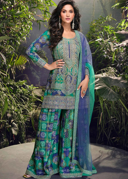 Green and Blue Embroidered Sharara Suit