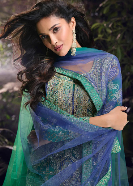 Green and Blue Embroidered Sharara Suit
