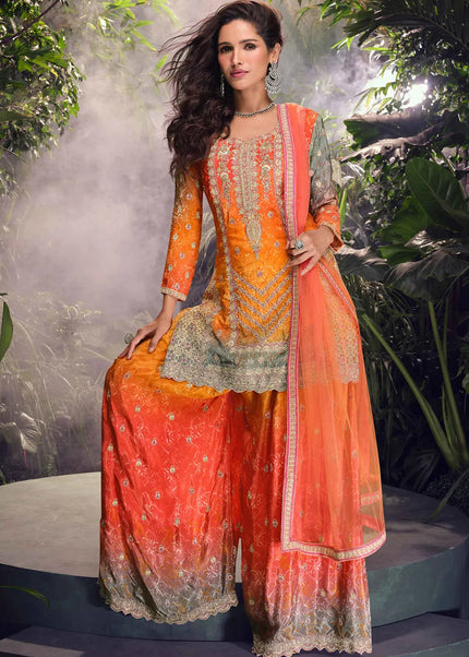 Peach Embroidered Sharara Suit