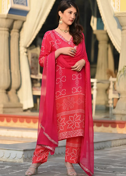 Pink Printed and Embroidered Pant Style Suit
