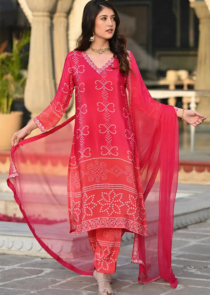 Pink Printed and Embroidered Pant Style Suit