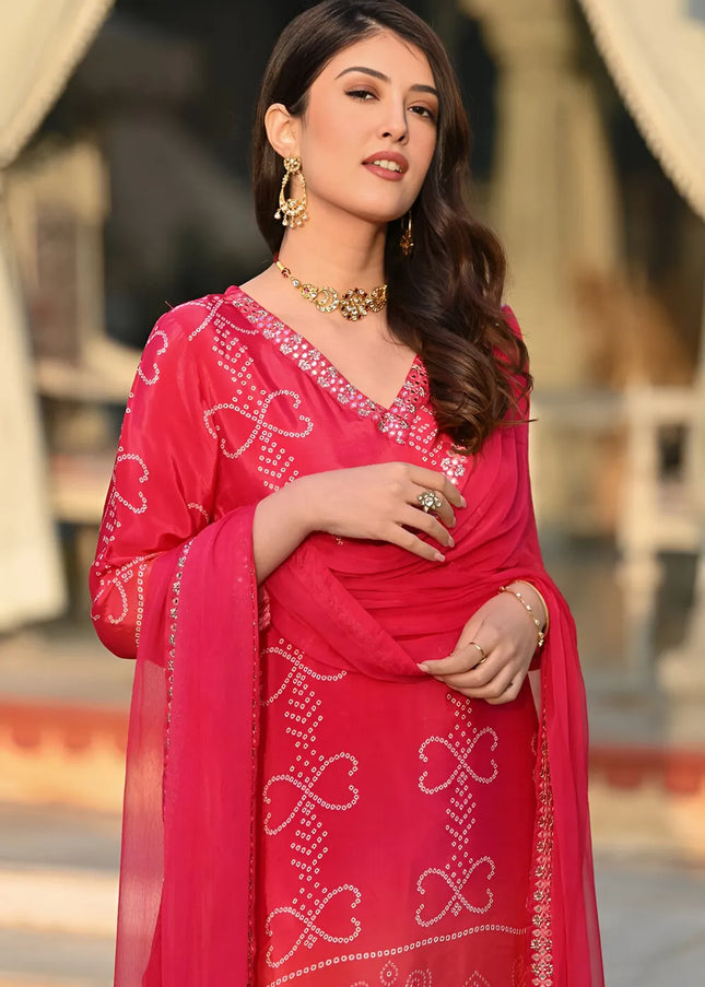 Pink Printed and Embroidered Pant Style Suit