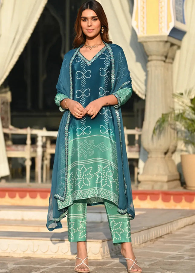 Teal Printed and Embroidered Pant Style Suit