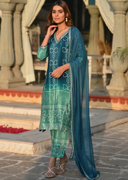 Teal Printed and Embroidered Pant Style Suit