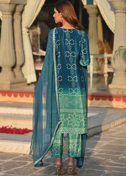 Teal Printed and Embroidered Pant Style Suit