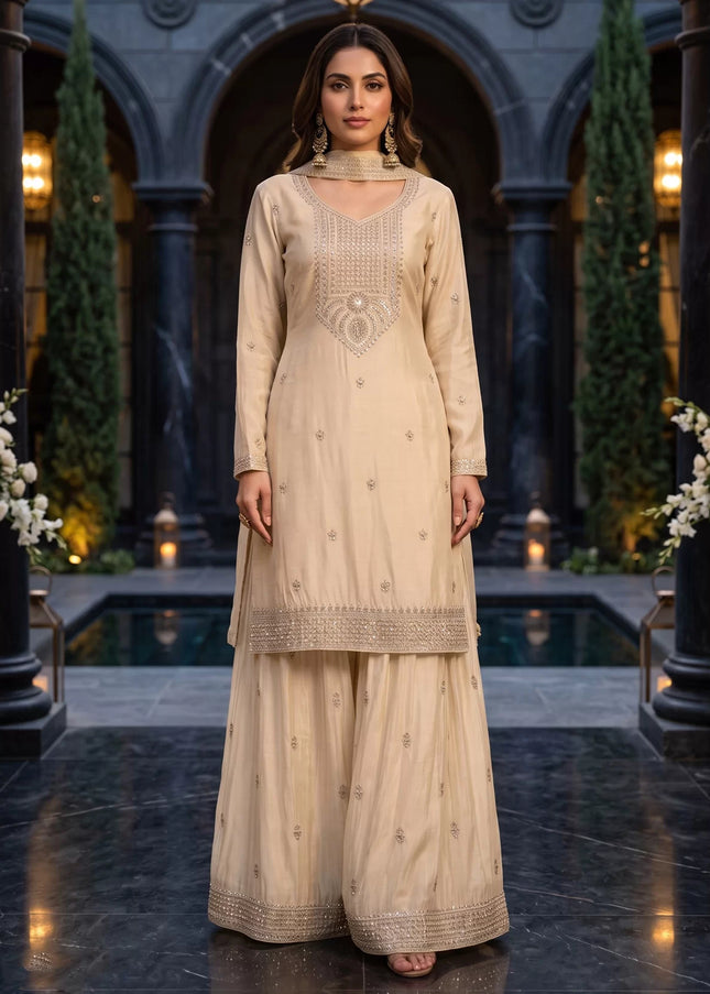 Beige Embroidered Sharara Suit