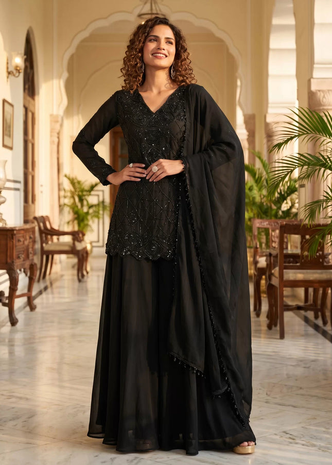 Black Embroidered Sharara Suit