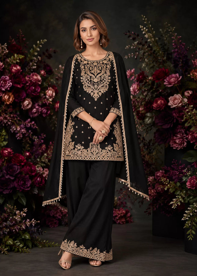 Black Embroidered Palazzo Suit