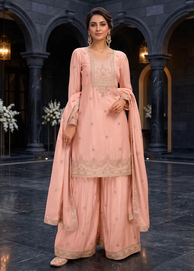 Peach Embroidered Sharara Suit