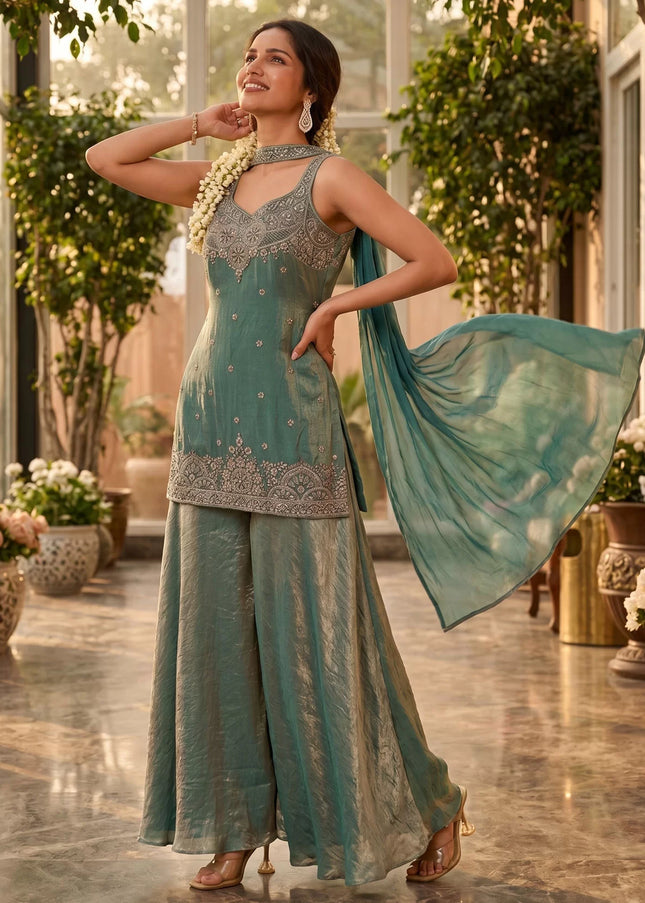 Sea Green Embroidered Sharara Suit
