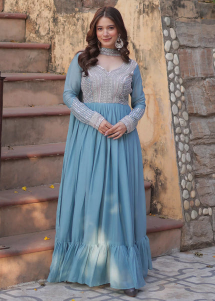 Sky Blue Embroidered Anarkali Gown