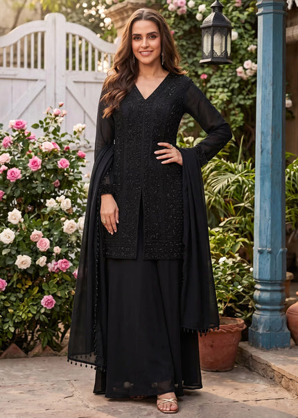 Black Embroidered Sharara Suit