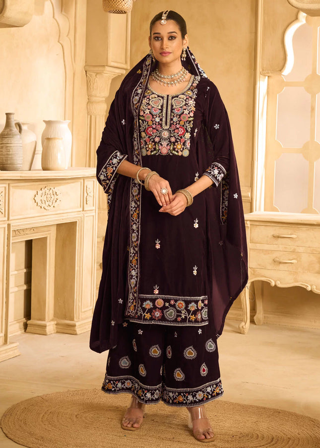 Maroon Embroidered Palazzo Suit