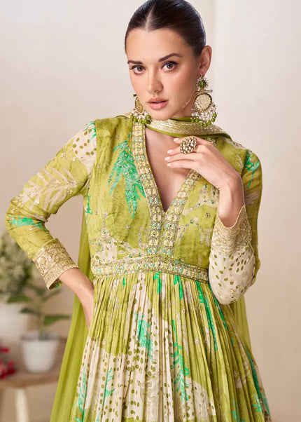 Green Printed and Embroidered Anarkali Gown
