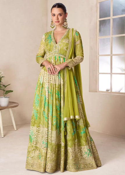 Green Printed and Embroidered Anarkali Gown