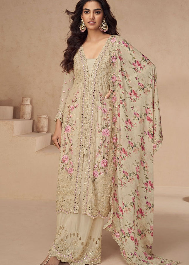 Beige Embroidered Palazzo Suit