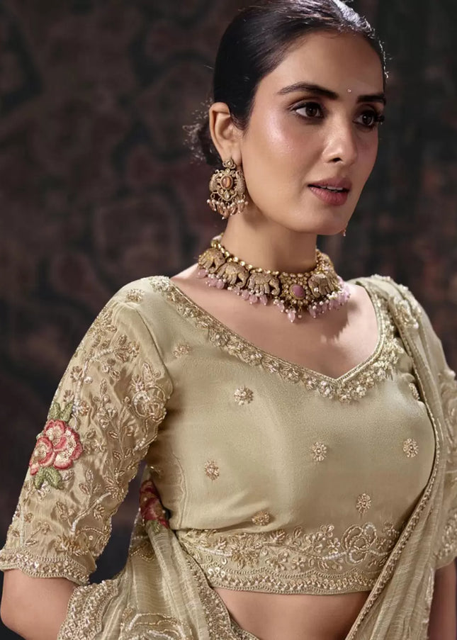 Beige Embroidered Wedding Saree