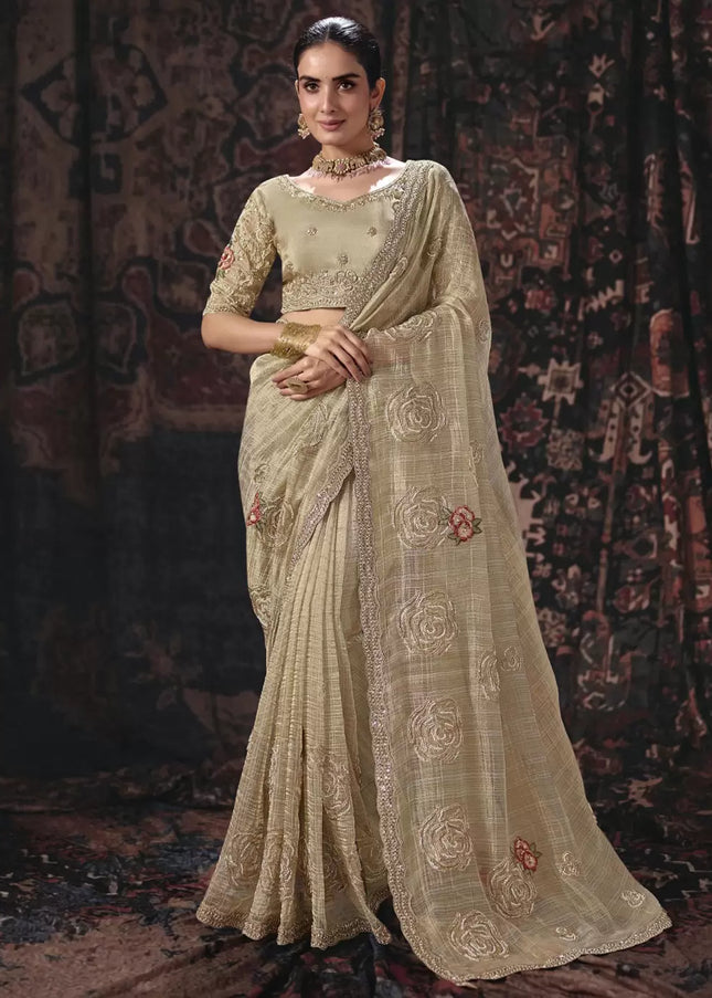 Beige Embroidered Wedding Saree