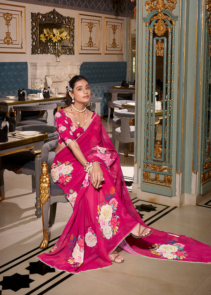 Pink Floral Printed Saree