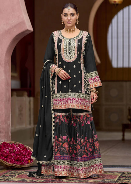 Black Embroidered Gharara Suit