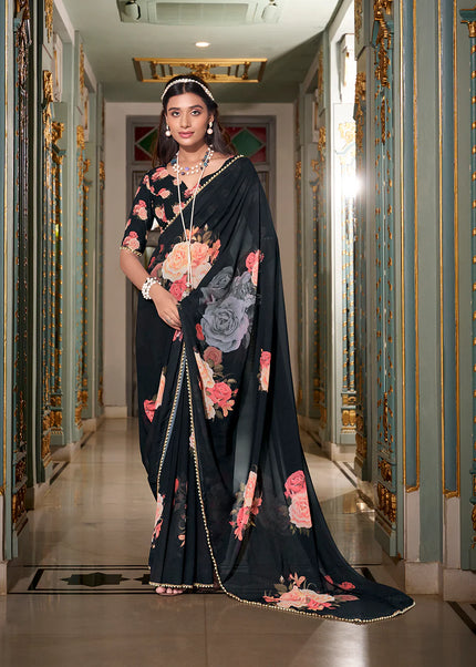 Black Floral Printed Saree