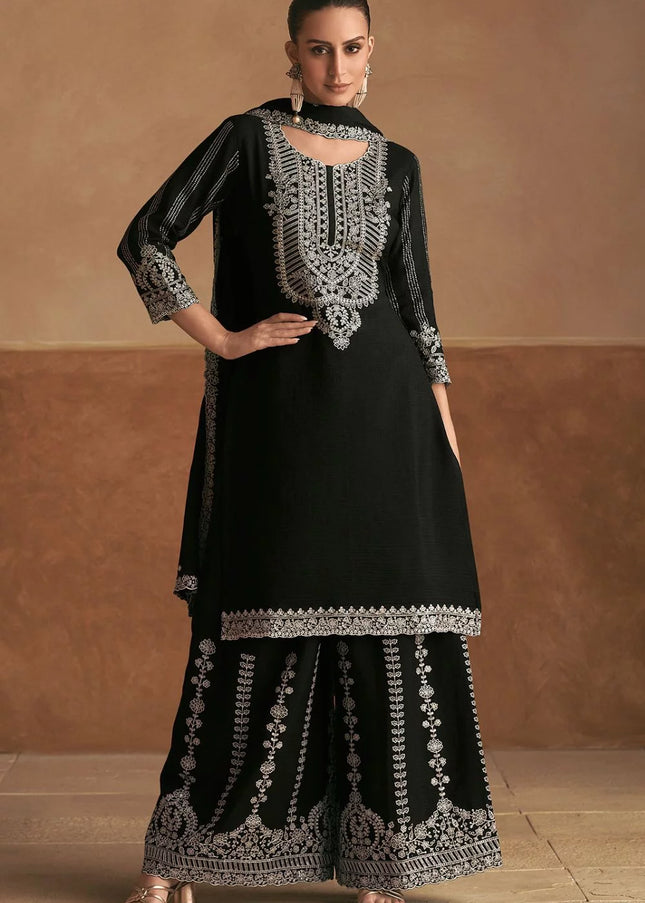 Black Embroidered Palazzo Suit