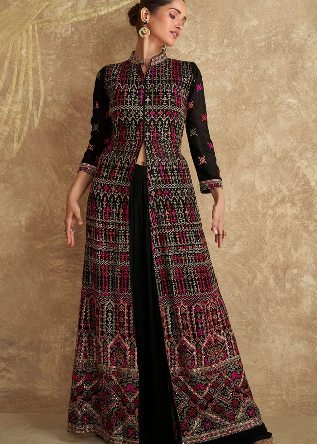 Black Embroidered Jacket Style Sharara Suit