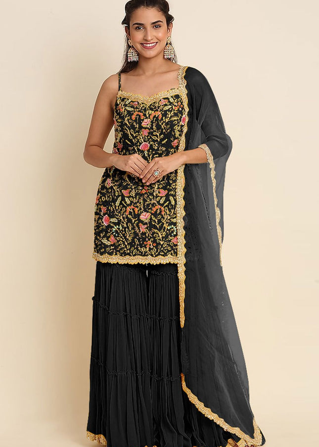 Black Embroidered Gharara Suit