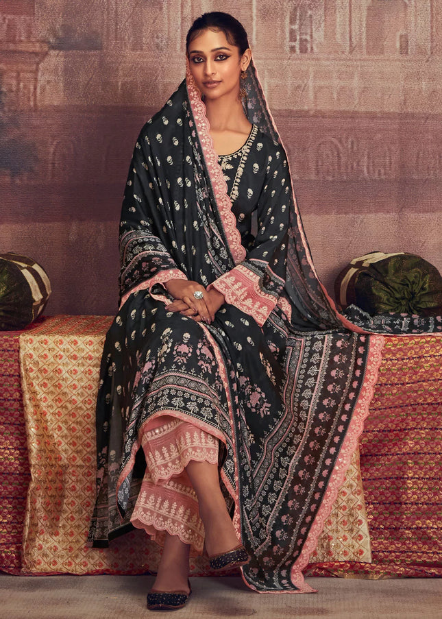 Black and Peach Embroidered Pant Syle Suit