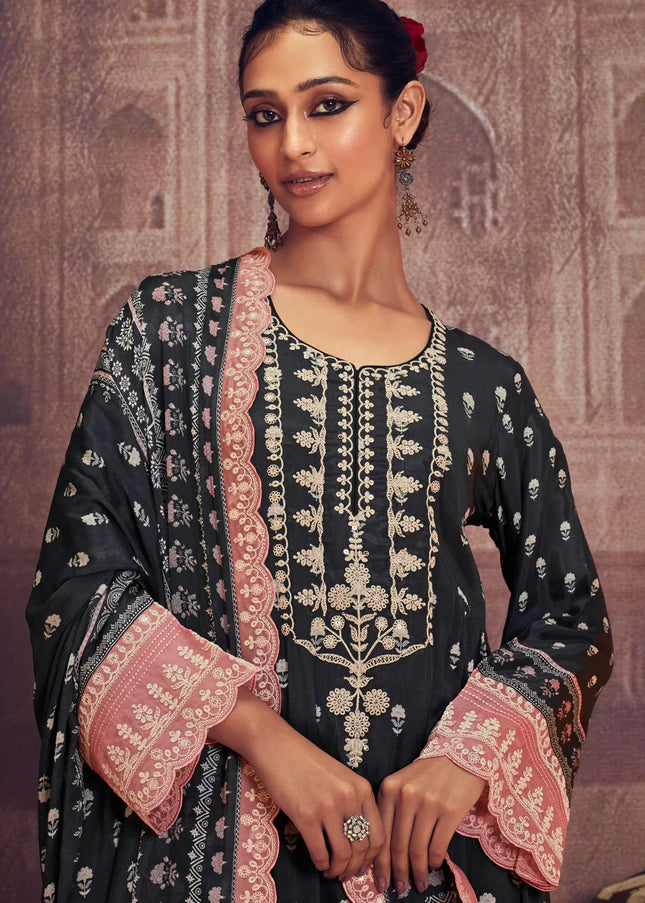 Black and Peach Embroidered Pant Syle Suit
