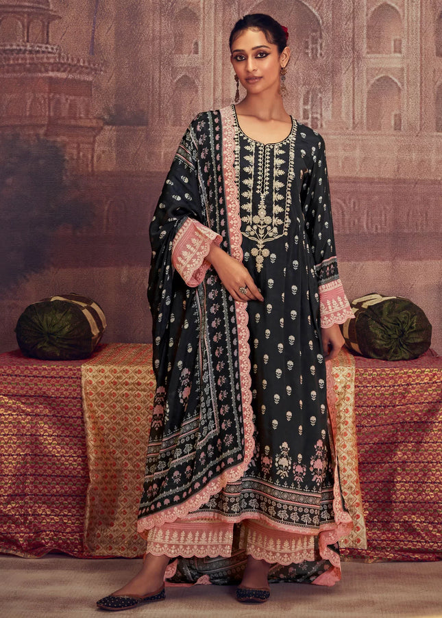 Black and Peach Embroidered Pant Syle Suit