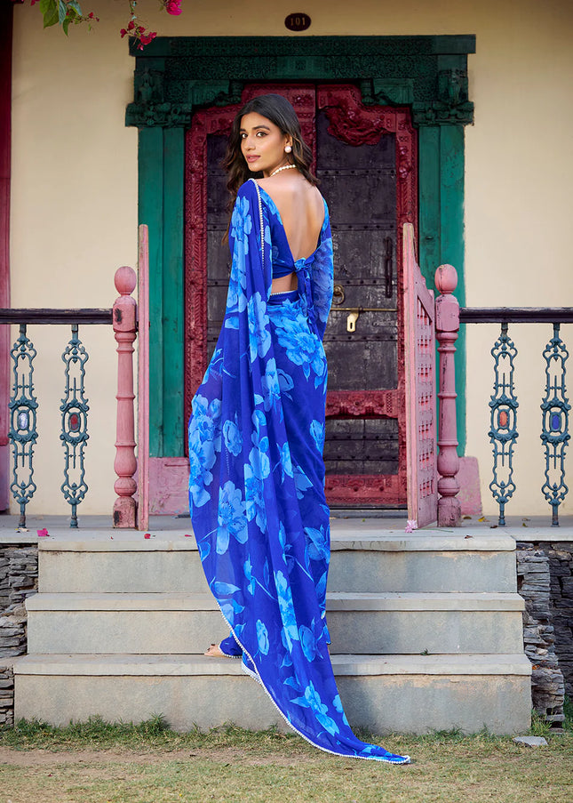 Blue Floral Printed and Embroidered Saree