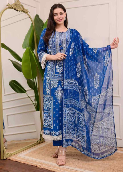 Blue Printed and Embroidered Pant Style Suit