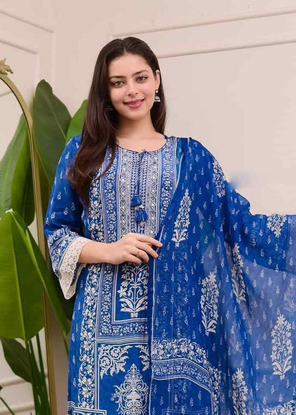 Blue Printed and Embroidered Pant Style Suit