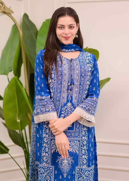Blue Printed and Embroidered Pant Style Suit