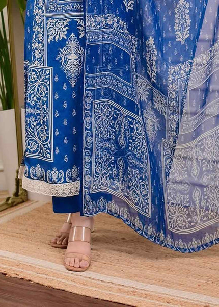 Blue Printed and Embroidered Pant Style Suit