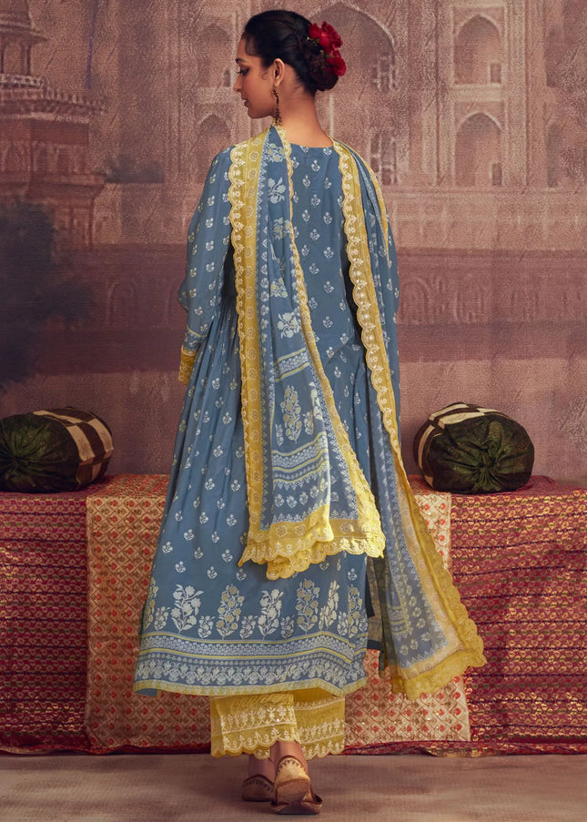 Blue and Yellow Embroidered Pant Syle Suit
