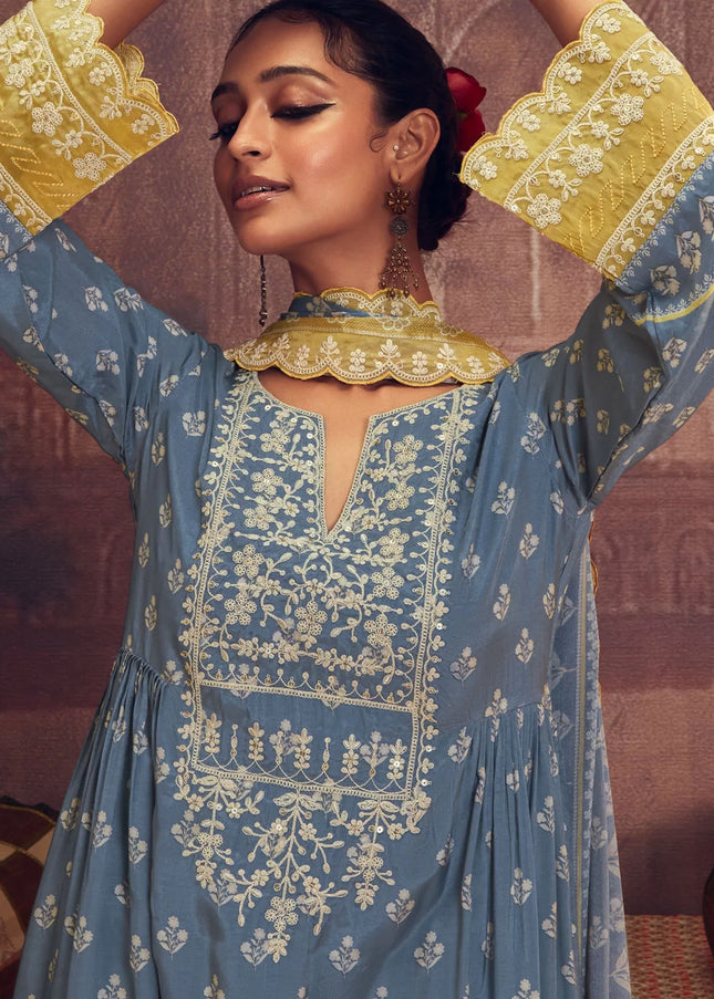Blue and Yellow Embroidered Pant Syle Suit