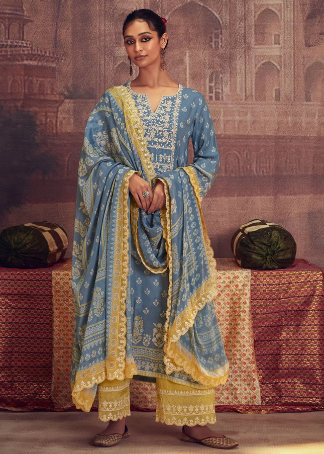 Blue and Yellow Embroidered Pant Syle Suit