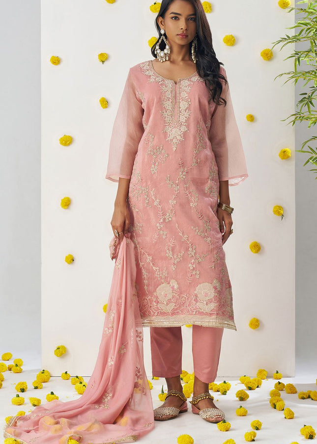 Peach Embroidered Pant Suit